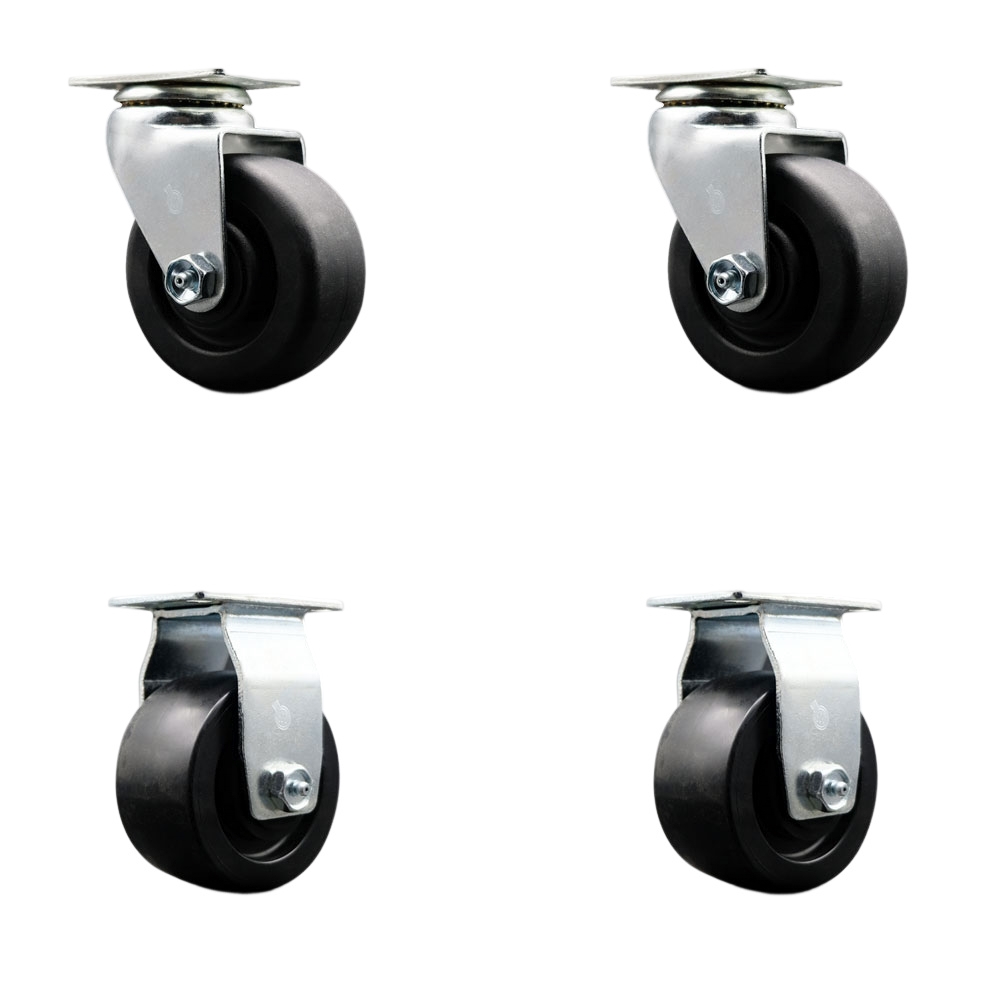 Swivel and Rigid Top Plate Caster Set – Black 4 Inch by 2 Inch Polyolefin Wheel – Roller Bearing – 1,800 lbs. Total Capacity – Includes 2 Swivel and 2 Rigid Casters – Service Caster Brand — photo 1