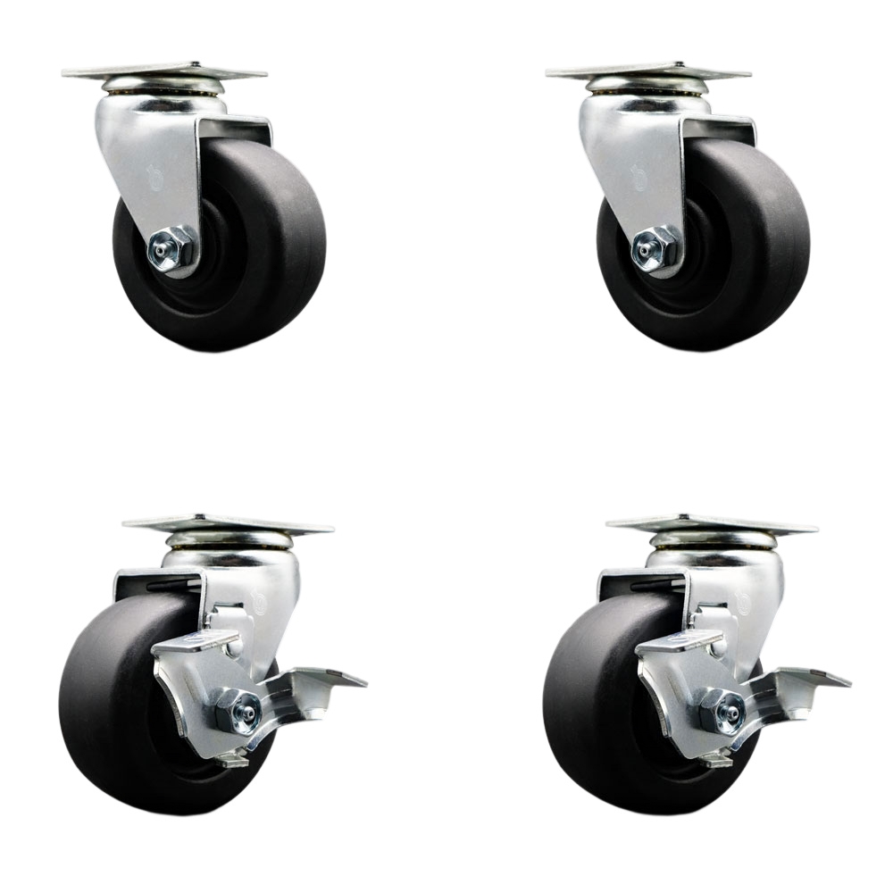 Tool Box Caster Wheel Set - 4 Inch Flat Free, Zero Maintenance Polyolefin Wheels - Industrial Grade - 2 Swivel with Top Lock Brakes - Service Caster Brand — photo 1