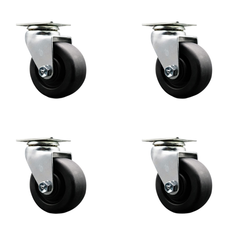 Swivel Top Plate Caster Set – Black 4 Inch by 2 Inch Polyolefin Wheel – Roller Bearing – 1,800 lbs. Total Capacity – Includes 4 Swivel Casters – Service Caster Brand — photo 1