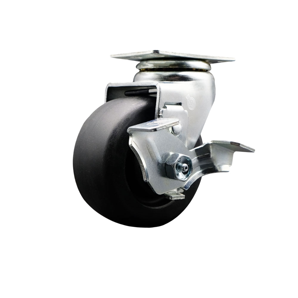Swivel Top Plate Caster – Black 4 Inch by 2 Inch Polyolefin Wheel – Roller Bearing – 450 lbs. Capacity Per Caster – Includes Top Locking Brake - Service Caster Brand — photo 1