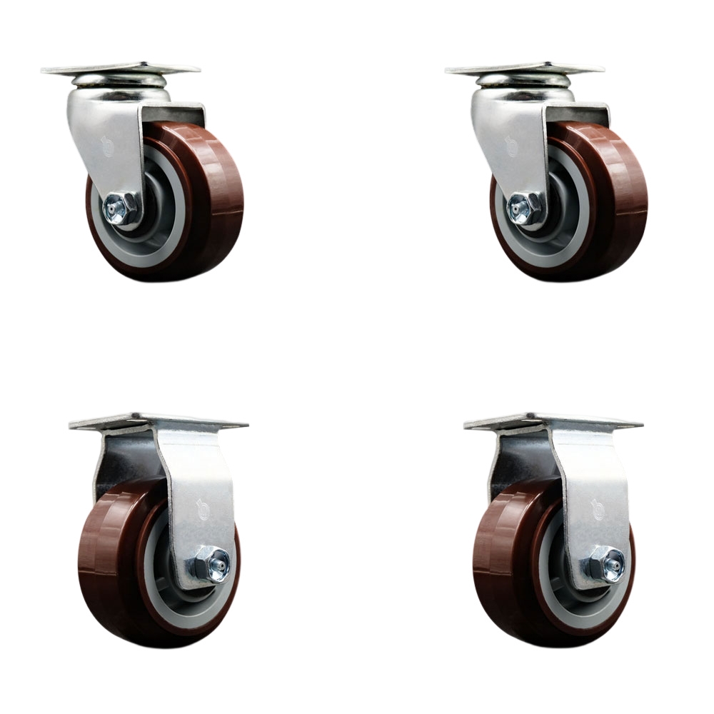 Swivel and Rigid Top Plate Caster Set – Maroon 4 Inch by 2 Inch Polyurethane on Polyolefin Wheel – Roller Bearing – 1,800 lbs. Total Capacity–Includes 2 Swivel and 2 Rigid Casters–Service Caster Brand — photo 1