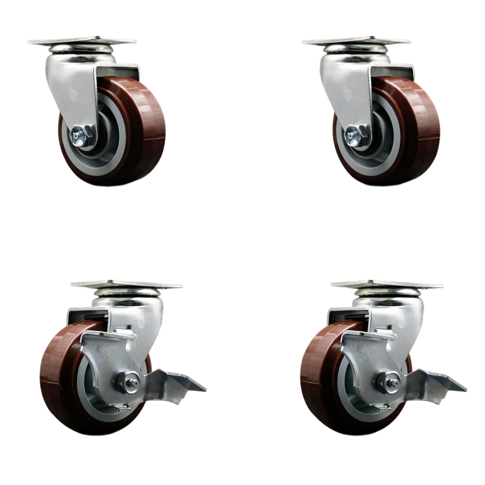 Tool Box Caster Wheel Set - 4 Inch Non-Marking, Maintenance Free Maroon Polyurethane Wheels - Industrial Grade - 2 Swivel with Top Lock Brakes - Service Caster Brand — photo 1