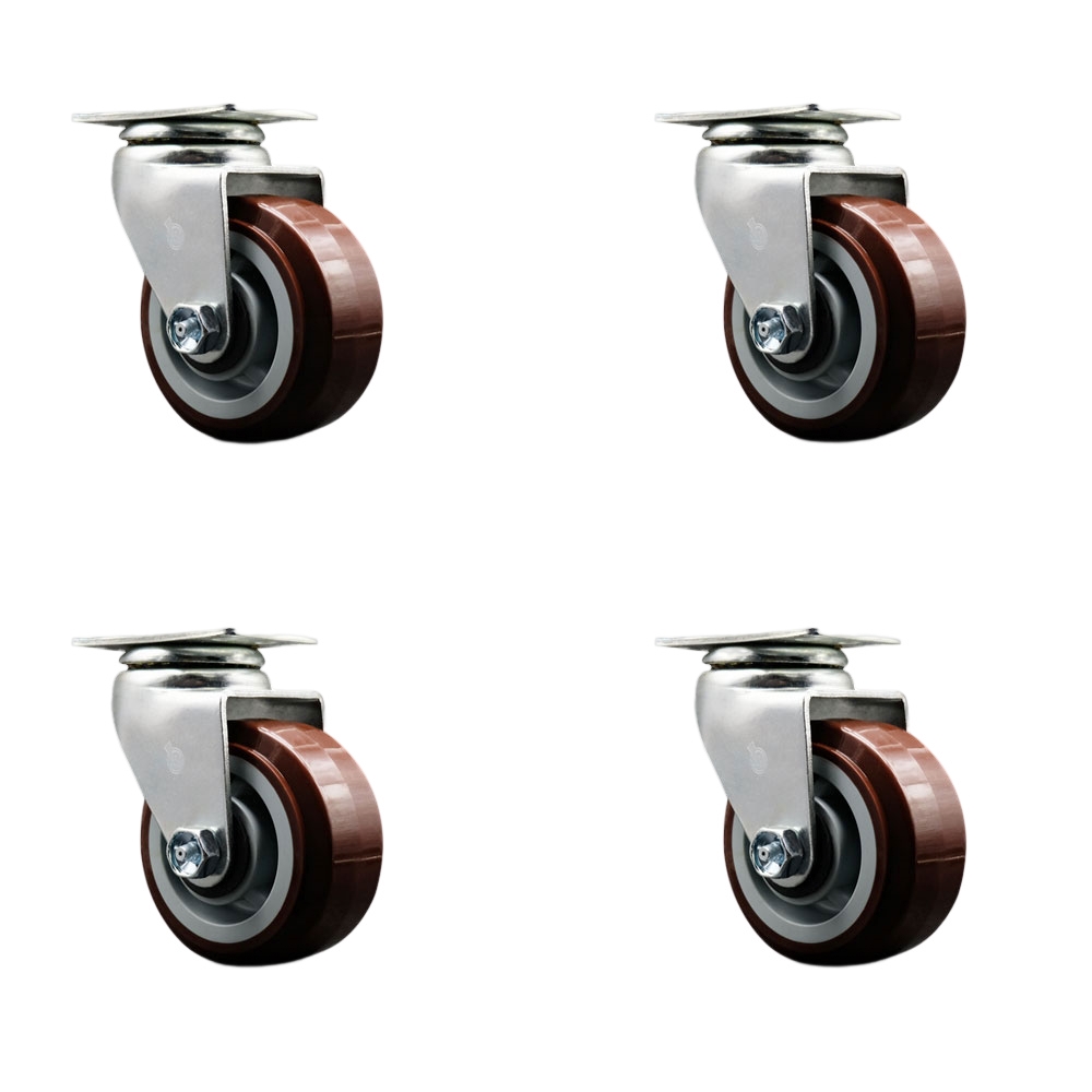 Swivel Top Plate Caster Set – Maroon 4 Inch by 2 Inch Polyurethane on Polyolefin Wheel – Ball Bearing – 1,800 lbs. Total Capacity – Includes 4 Swivel Casters – Service Caster Brand — photo 1