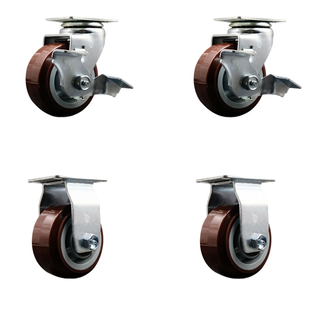 Swivel and Rigid Plate Caster Set – Maroon 4 Inch by 2 Inch Poly on Polyolefin Wheel – Roller Bearing – 1,800 lbs. Total Capacity – Includes 2 Locking Swivel and 2 Rigid Casters – Service Caster Brand — photo 1