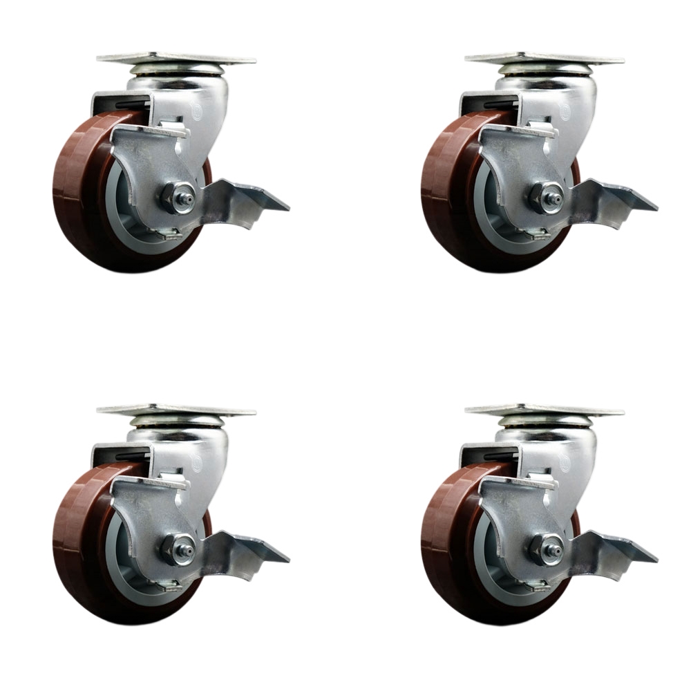 Tool Box Caster Wheel Set - 4 Inch Non-Marking, Maintenance Free Maroon Polyurethane Wheels - Industrial Grade - 4 Swivel Casters with Top Lock Brakes - Service Caster Brand — photo 1