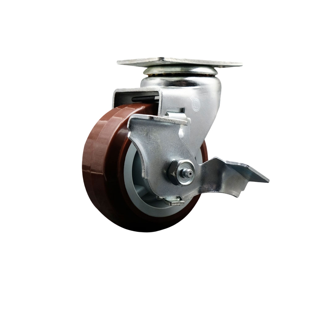 Swivel Top Plate Caster – Maroon 4 Inch by 2 Inch Polyurethane on Polyolefin Wheel – Ball Bearing – 450 lbs. Capacity Per Caster – Includes Top Locking Brake - Service Caster Brand — photo 1