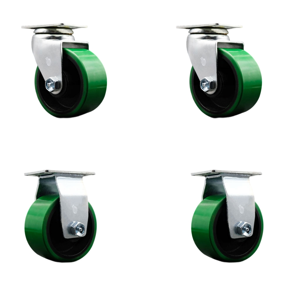 Swivel and Rigid Top Plate Caster Set – Green 4 Inch by 2 Inch Polyurethane on Cast Iron Wheel – Roller Bearing – 1,800 lbs. Total Capacity–Includes 2 Swivel and 2 Rigid Casters – Service Caster Brand — photo 1