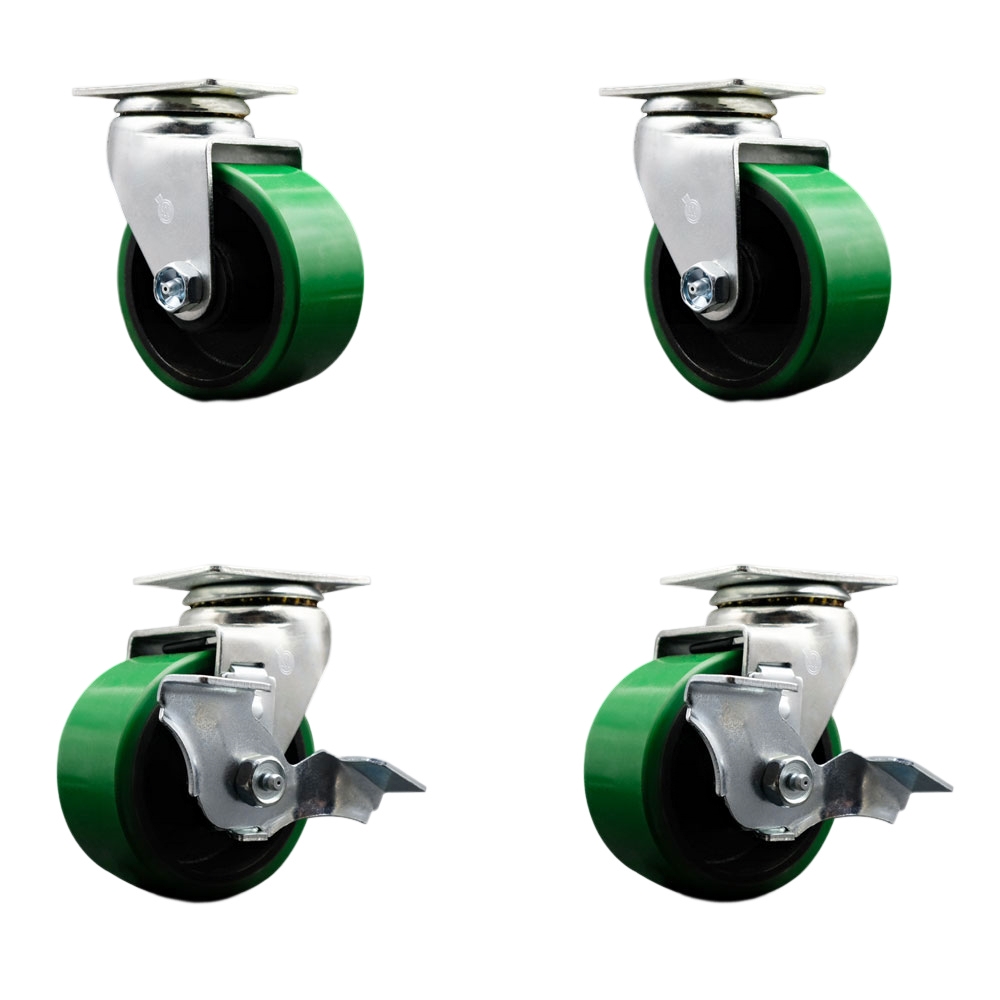 Tool Box Caster Wheel Set - 4 Inch Non-Marking, Maintenance Free Green Polyurethane on Cast Iron Wheels - Industrial Grade - 2 Swivel with Top Lock Brakes - Service Caster Brand — photo 1