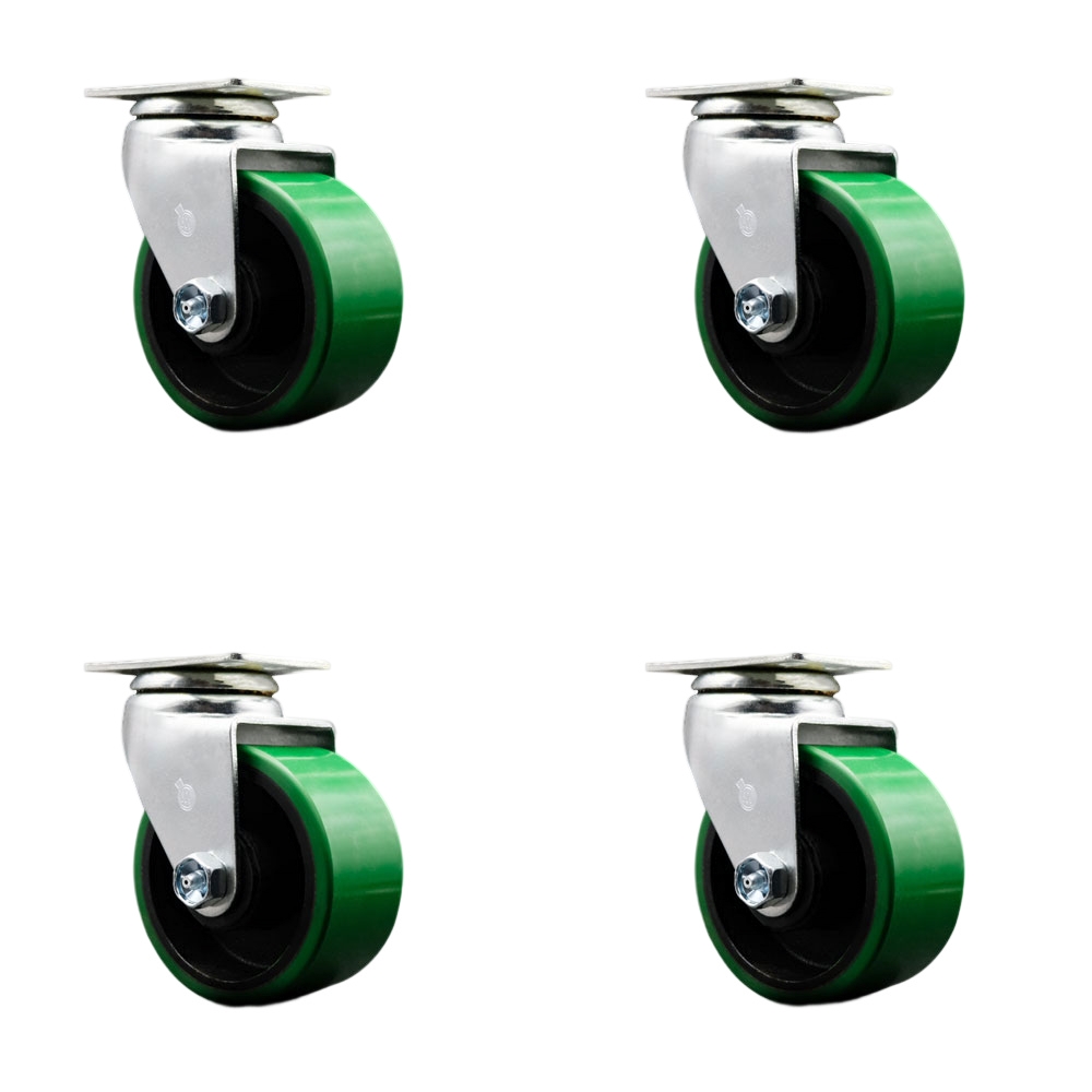 Swivel Top Plate Caster Set – Green 4 Inch by 2 Inch Polyurethane on Cast Iron Wheel – Roller Bearing – 1,800 lbs. Total Capacity – Includes 4 Swivel Casters – Service Caster Brand — photo 1