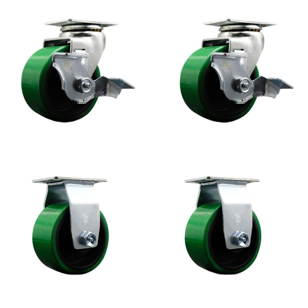 Tool Box Caster Wheel Set - 4 Inch Non-Marking, Maintenance Free Green Polyurethane on Cast Iron Wheels - Industrial Grade - 2 Swivel with Top Lock Brakes - Service Caster Brand — photo 1