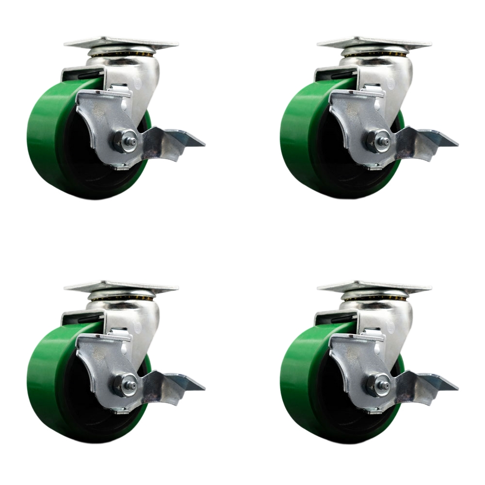 Swivel Top Plate Caster Set – Green 4 Inch by 2 Inch Polyurethane on Cast Iron Wheel – Ball Bearing – 1,800 lbs. Total Capacity–Includes 4 Swivel Casters with Top Locking Brakes–Service Caster Brand — photo 1