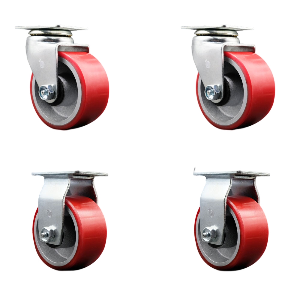 Swivel and Rigid Top Plate Caster Set – Red 4 Inch by 2 Inch Polyurethane on Cast Iron Wheel – Ball Bearing – 1,800 lbs. Total Capacity–Includes 2 Swivel and 2 Rigid Casters – Service Caster Brand — photo 1