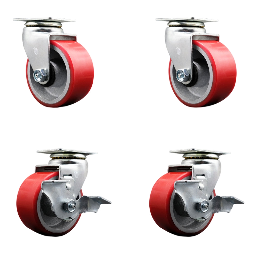 Tool Box Caster Wheel Set - 4 Inch Non-Marking, Maintenance Free Red Polyurethane on Cast Iron Wheels - Industrial Grade - 2 Swivel with Top Lock Brakes - Service Caster Brand — photo 1
