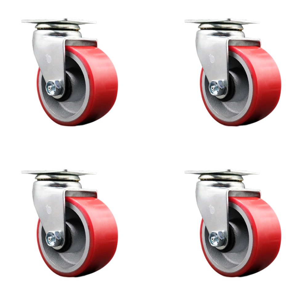 Swivel Top Plate Caster Set – Red 4 Inch by 2 Inch Polyurethane on Cast Iron Wheel – Ball Bearing – 1,800 lbs. Total Capacity – Includes 4 Swivel Casters – Service Caster Brand — photo 1