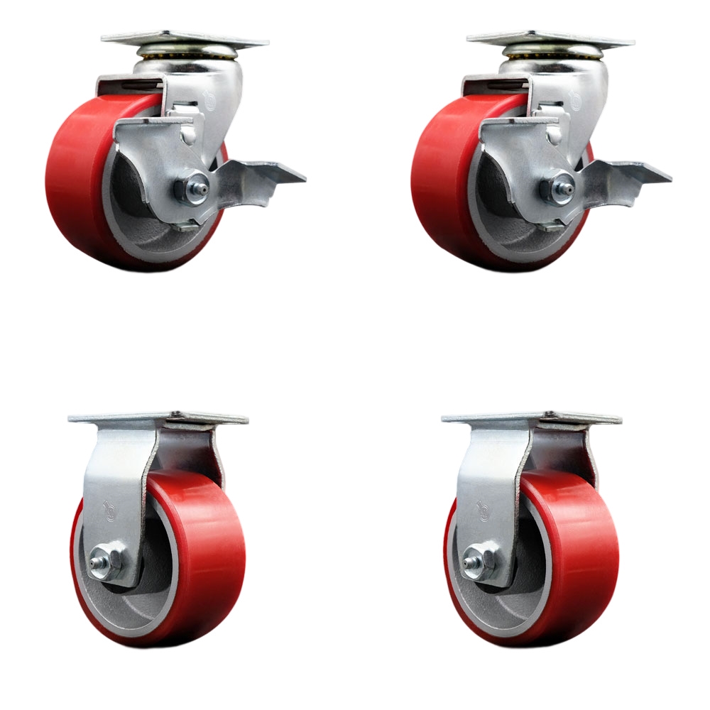 Swivel and Rigid Plate Caster Set – Red 4 Inch by 2 Inch Poly on Cast Iron Wheel – Roller Bearing – 1,800 lbs. Total Capacity – Includes 2 Locking Swivel and 2 Rigid Casters – Service Caster Brand — photo 1