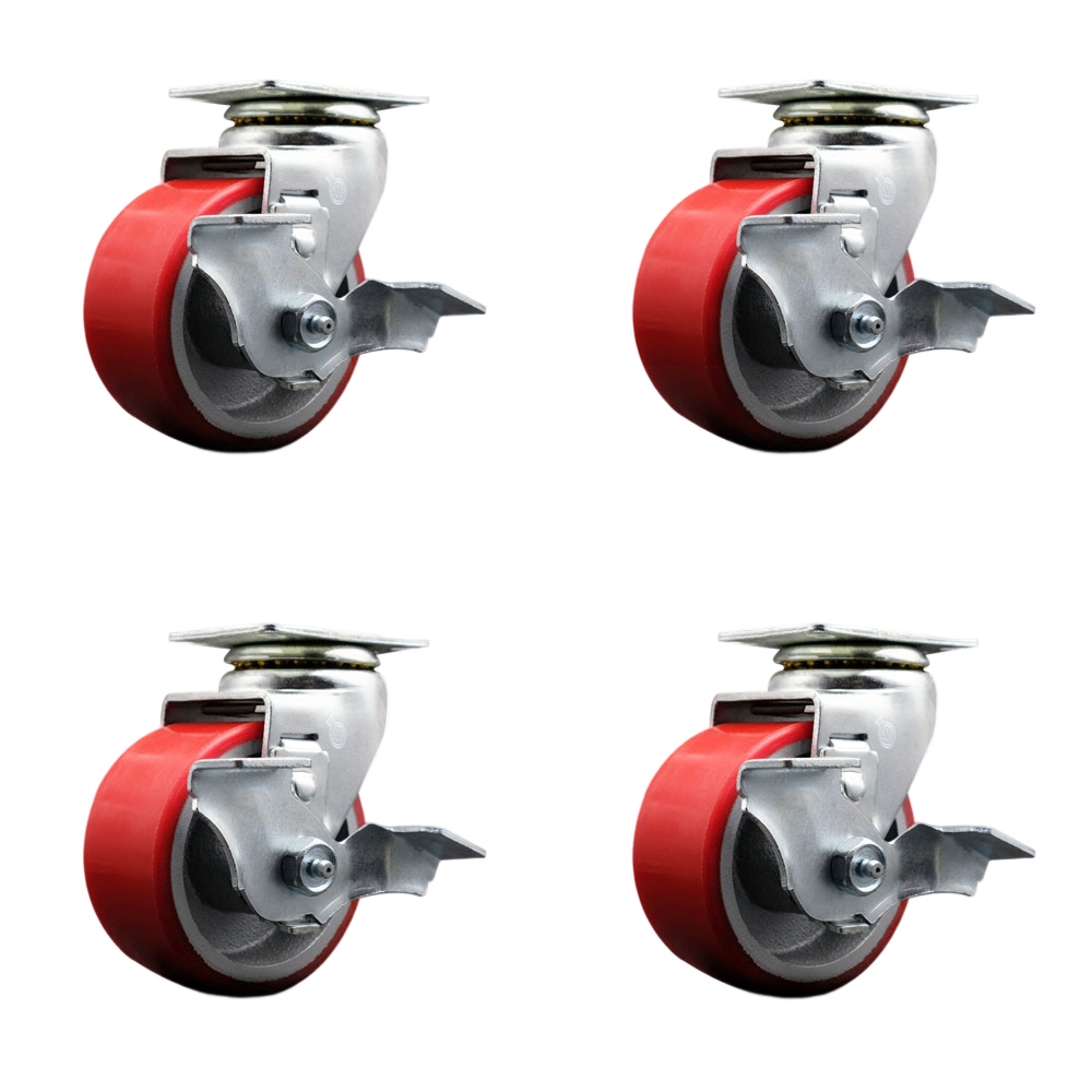 Swivel Top Plate Caster Set – Red 4 Inch by 2 Inch Polyurethane on Cast Iron Wheel – Ball Bearing – 1,800 lbs. Total Capacity–Includes 4 Swivel Casters with Top Locking Brakes–Service Caster Brand — photo 1