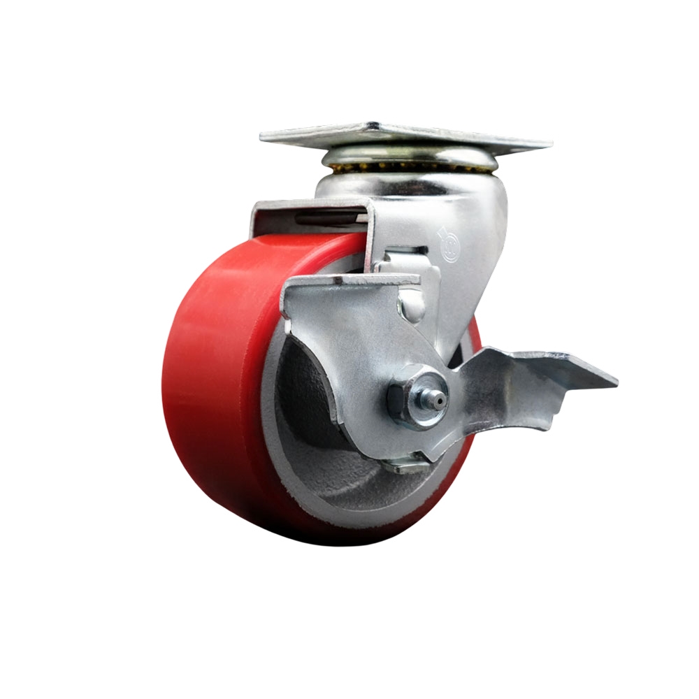 Swivel Top Plate Caster – Red 4 Inch by 2 Inch Polyurethane on Cast Iron Wheel – Ball Bearing – 450 lbs. Capacity Per Caster – Includes Top Locking Brake - Service Caster Brand — photo 1