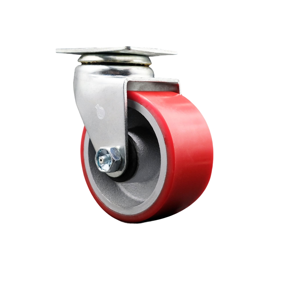 Swivel Top Plate Caster – Red 4 Inch by 2 Inch Polyurethane on Cast Iron Wheel – Roller Bearing – 450 lbs. Capacity Per Caster – Service Caster Brand — photo 1
