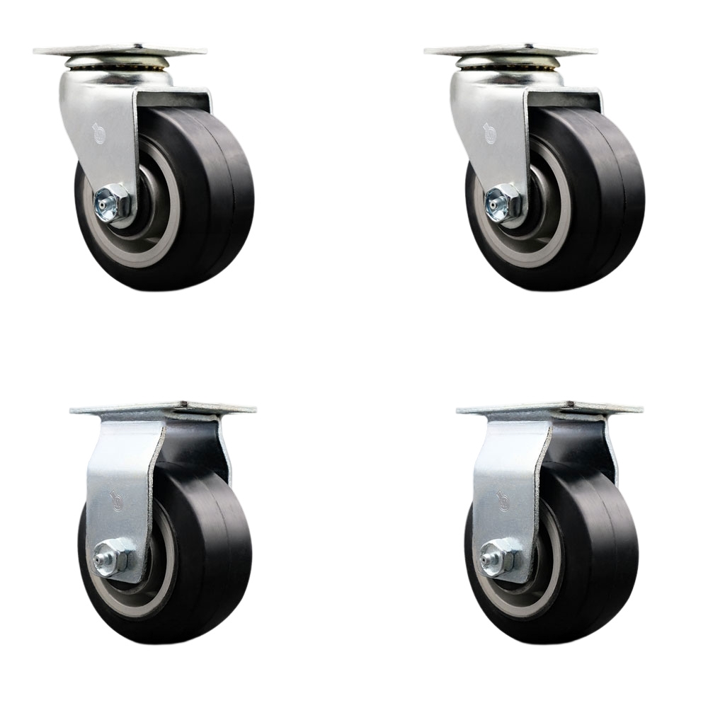 Swivel and Rigid Top Plate Caster Set – Black 4 Inch by 2 Inch Rubber on Aluminum Wheel – Roller Bearing – 1,600 lbs. Total Capacity–Includes 2 Swivel and 2 Rigid Casters – Service Caster Brand — photo 1