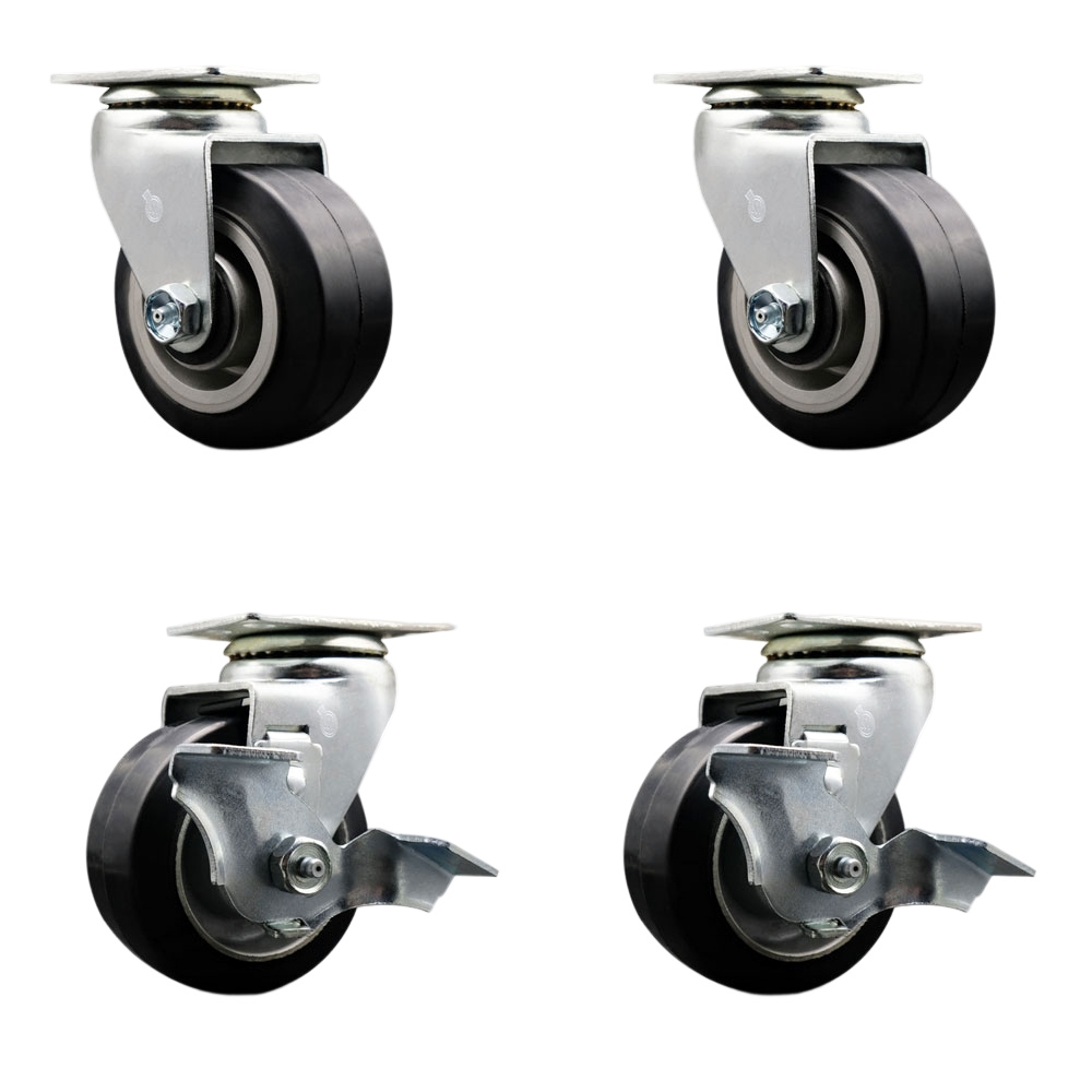 Swivel Top Plate Caster Set – Black 4 Inch by 2 Inch Rubber on Aluminum Wheel – Roller Bearing – 1,600 lbs. Total Capacity–Includes 2 Locking Swivel Casters and 2 Swivel Casters – Service Caster Brand — photo 1