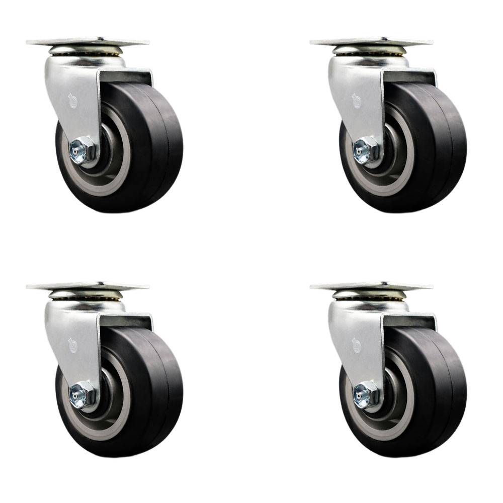Swivel Top Plate Caster Set – Black 4 Inch by 2 Inch Rubber on Aluminum Wheel – Roller Bearing – 1,600 lbs. Total Capacity – Includes 4 Swivel Casters – Service Caster Brand — photo 1