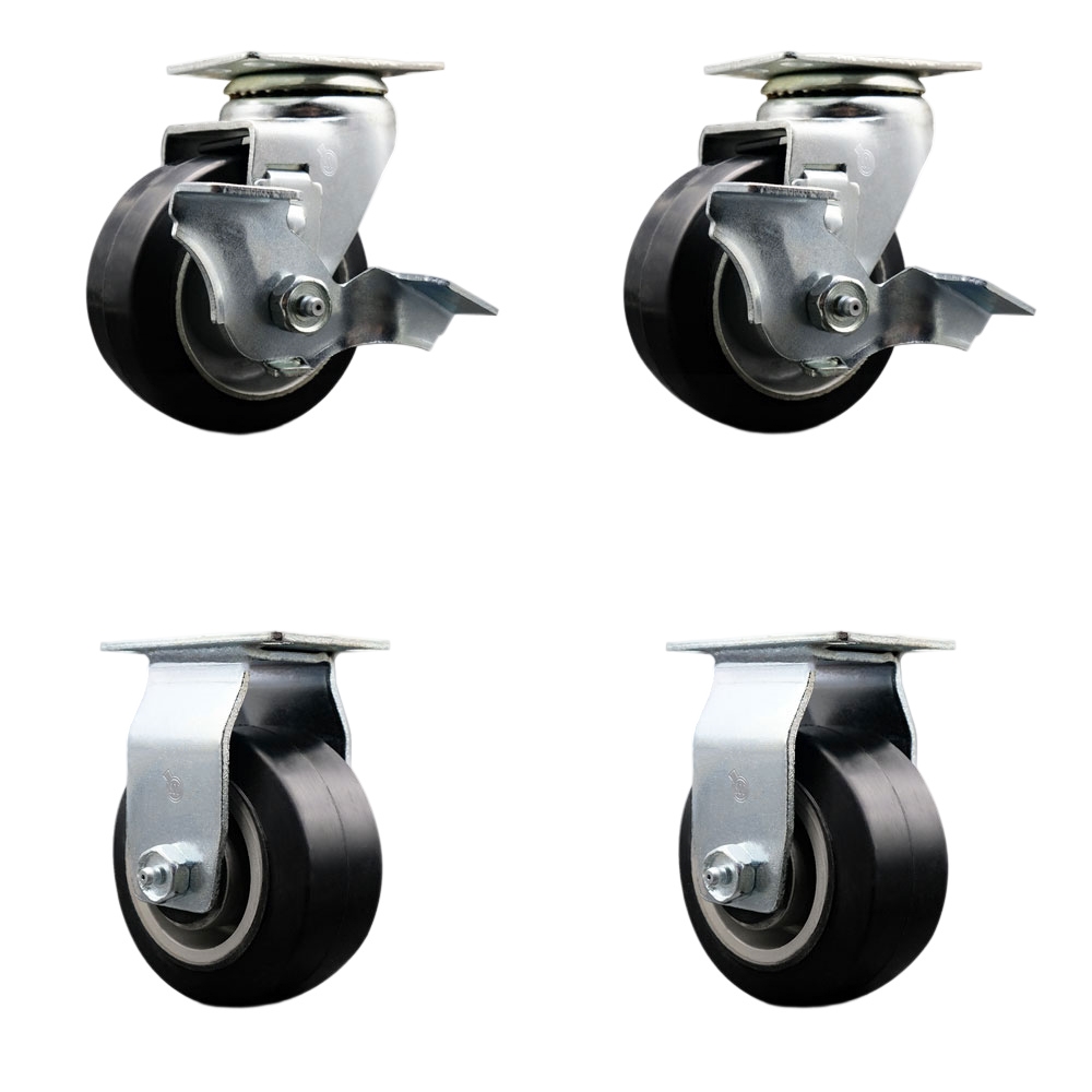 Swivel and Rigid Plate Caster Set – Black 4 Inch by 2 Inch Rubber on Aluminum Wheel – Ball Bearing – 1,600 lbs. Total Capacity – Includes 2 Locking Swivel and 2 Rigid Casters – Service Caster Brand — photo 1