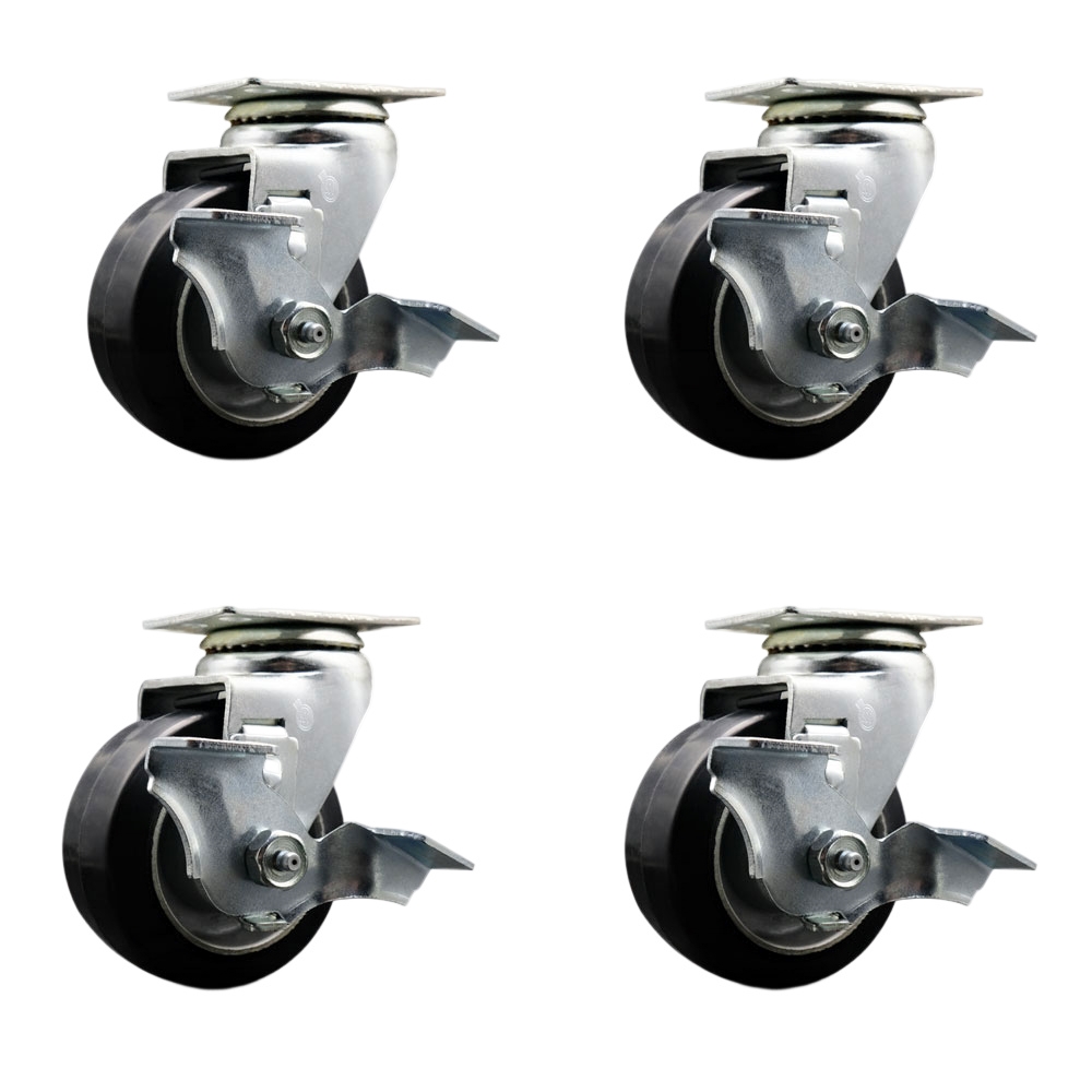 Swivel Top Plate Caster Set – Black 4 Inch by 2 Inch Rubber on Aluminum Wheel – Ball Bearing – 1,600 lbs. Total Capacity–Includes 4 Swivel Casters with Top Locking Brakes–Service Caster Brand — photo 1