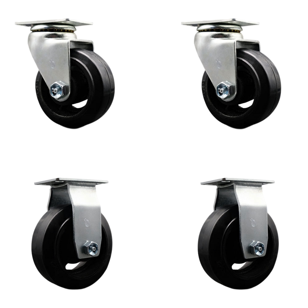 Swivel and Rigid Top Plate Caster Set – Black 4 Inch by 2 Inch Rubber on Cast Iron Wheel – Ball Bearing – 1,600 lbs. Total Capacity–Includes 2 Swivel and 2 Rigid Casters – Service Caster Brand — photo 1