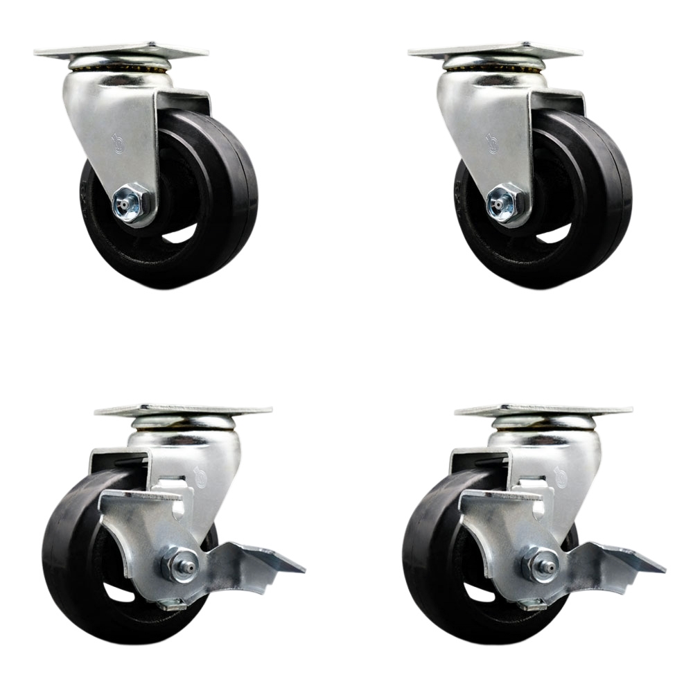 Swivel Top Plate Caster Set – Black 4 Inch by 2 Inch Rubber on Cast Iron Wheel – Ball Bearing – 1,600 lbs. Total Capacity –Includes 2 Locking Swivel Casters and 2 Swivel Casters – Service Caster Brand — photo 1