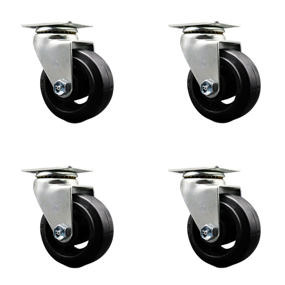 Swivel Top Plate Caster Set – Black 4 Inch by 2 Inch Rubber on Cast Iron Wheel – Ball Bearing – 1,600 lbs. Total Capacity – Includes 4 Swivel Casters – Service Caster Brand — photo 1