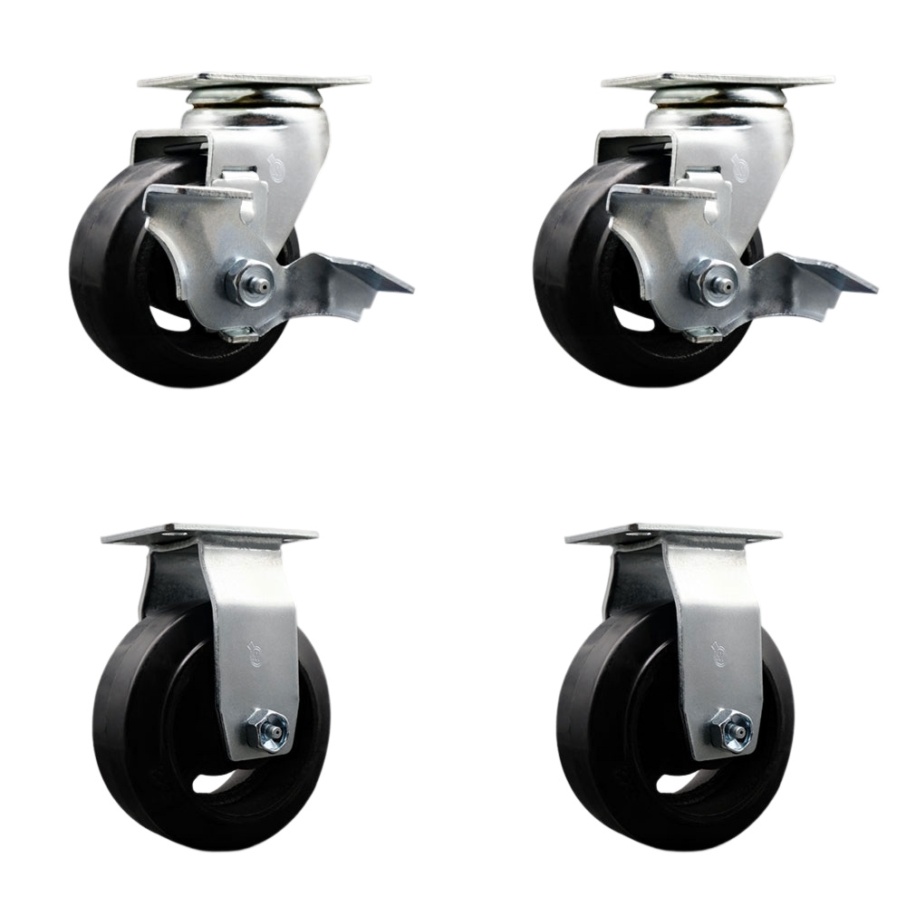Swivel and Rigid Plate Caster Set – Black 4 Inch by 2 Inch Rubber on Cast Iron Wheel – Roller Bearing – 1,600 lbs. Total Capacity – Includes 2 Locking Swivel and 2 Rigid Casters – Service Caster Brand — photo 1