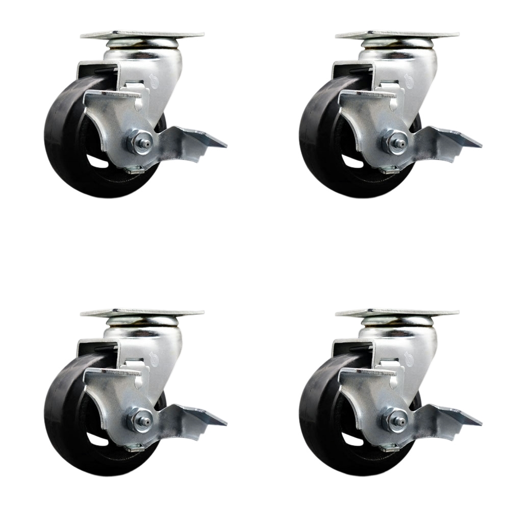 Swivel Top Plate Caster Set – Black 4 Inch by 2 Inch Rubber on Cast Iron Wheel – Roller Bearing – 1,600 lbs. Total Capacity–Includes 4 Swivel Casters with Top Locking Brakes–Service Caster Brand — photo 1