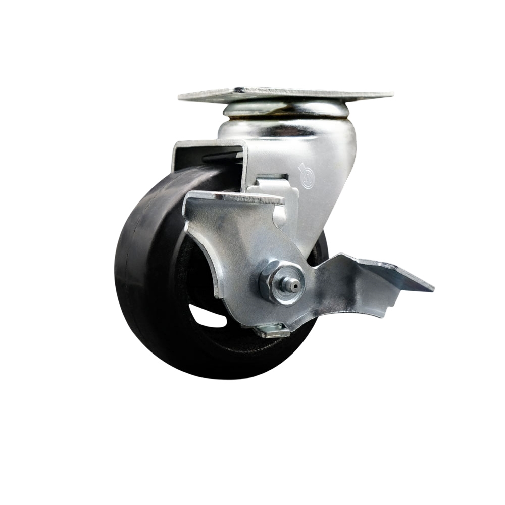 Swivel Top Plate Caster – Black 4 Inch by 2 Inch Rubber on Cast Iron Wheel – Ball Bearing – 400 lbs. Capacity Per Caster – Includes Top Locking Brake - Service Caster Brand — photo 1
