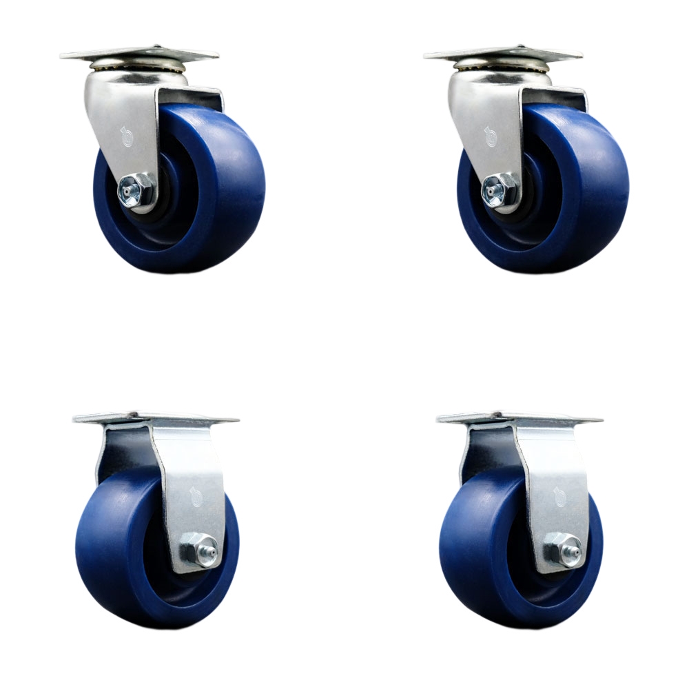 Swivel and Rigid Top Plate Caster Set – Blue 4 Inch by 2 Inch Solid Polyurethane Wheel – Roller Bearing – 1,800 lbs. Total Capacity–Includes 2 Swivel and 2 Rigid Casters – Service Caster Brand — photo 1