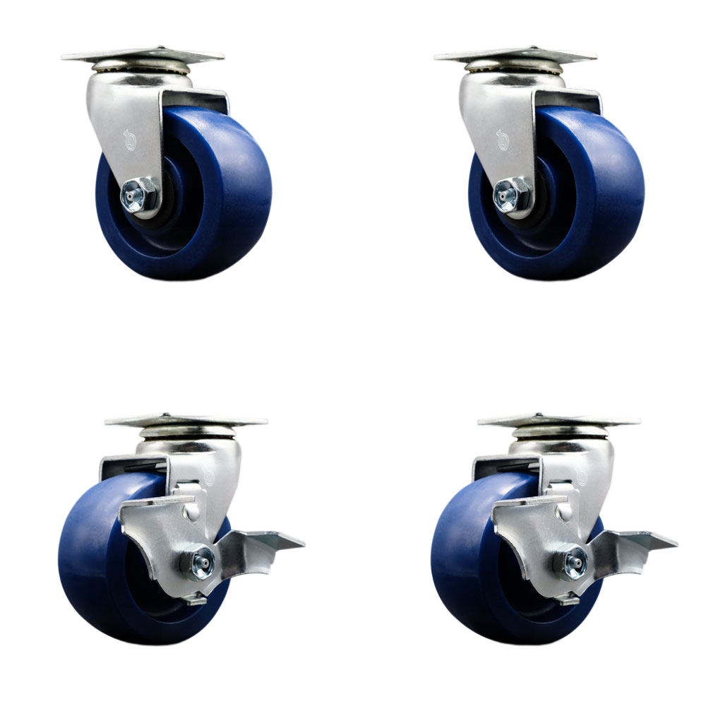 Tool Box Caster Wheel Set - 4 Inch Non-Marking, Easy Rolling Solid Polyurethane Wheels - Industrial Grade - 2 Swivel with Top Lock Brakes - Service Caster Brand — photo 1