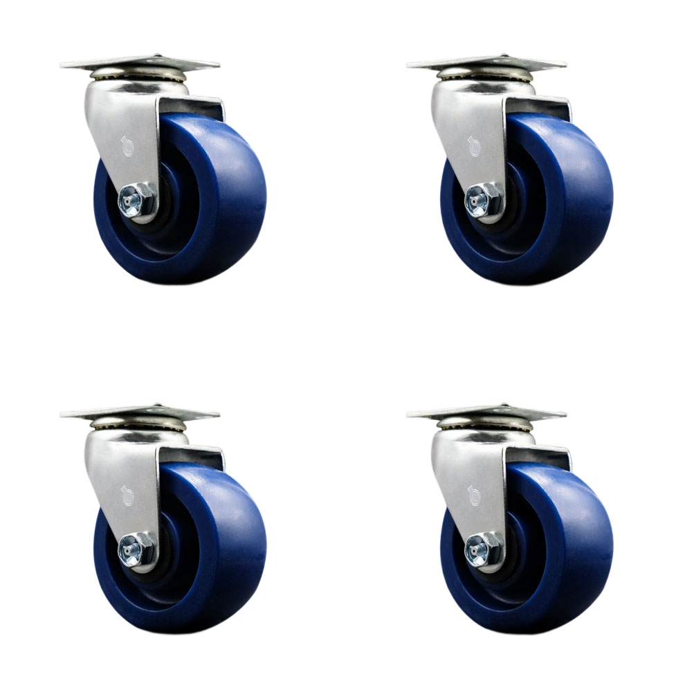Swivel Top Plate Caster Set – Blue 4 Inch by 2 Inch Solid Polyurethane Wheel – Roller Bearing – 1,800 lbs. Total Capacity – Includes 4 Swivel Casters – Service Caster Brand — photo 1