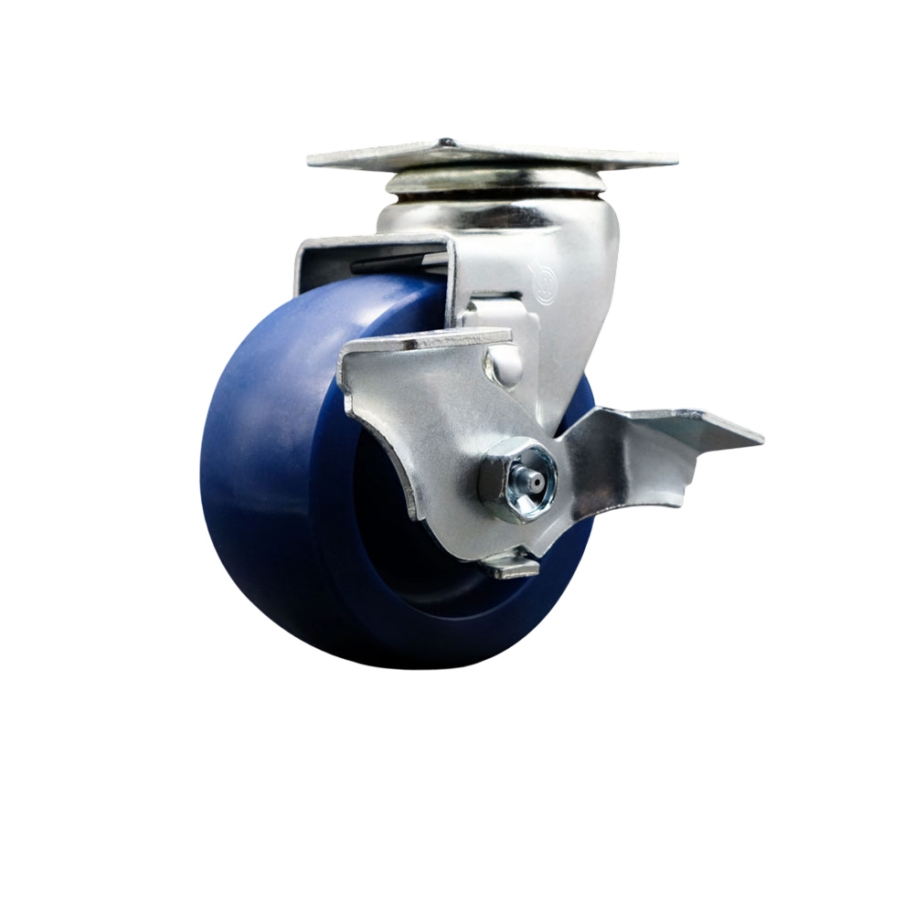 Swivel Top Plate Caster – Blue 4 Inch by 2 Inch Solid Polyurethane Wheel – Roller Bearing – 450 lbs. Capacity Per Caster – Includes Top Locking Brake - Service Caster Brand — photo 1