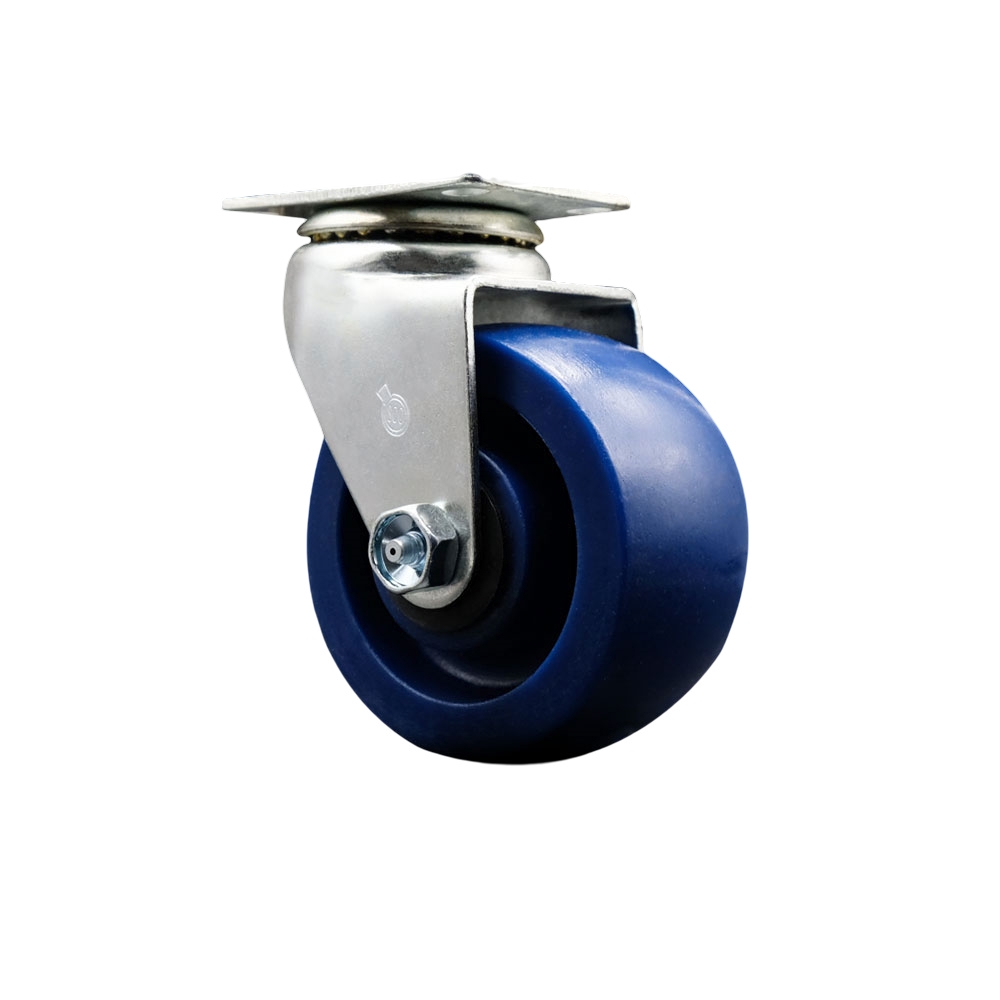 Swivel Top Plate Caster – Blue 4 Inch by 2 Inch Solid Polyurethane Wheel – Roller Bearing – 450 lbs. Capacity Per Caster – Service Caster Brand — photo 1