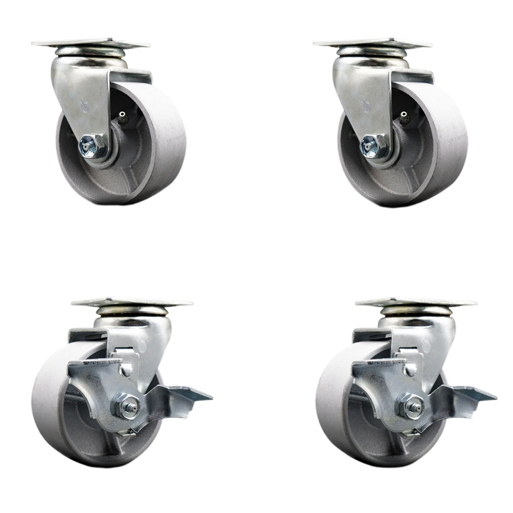 Tool Box Caster Wheel Set - 4 Inch Flat Free, Zero Maintenance Semi Steel Cast Iron Wheels - Industrial Grade - 2 Swivel with Top Lock Brakes - Service Caster Brand — photo 1
