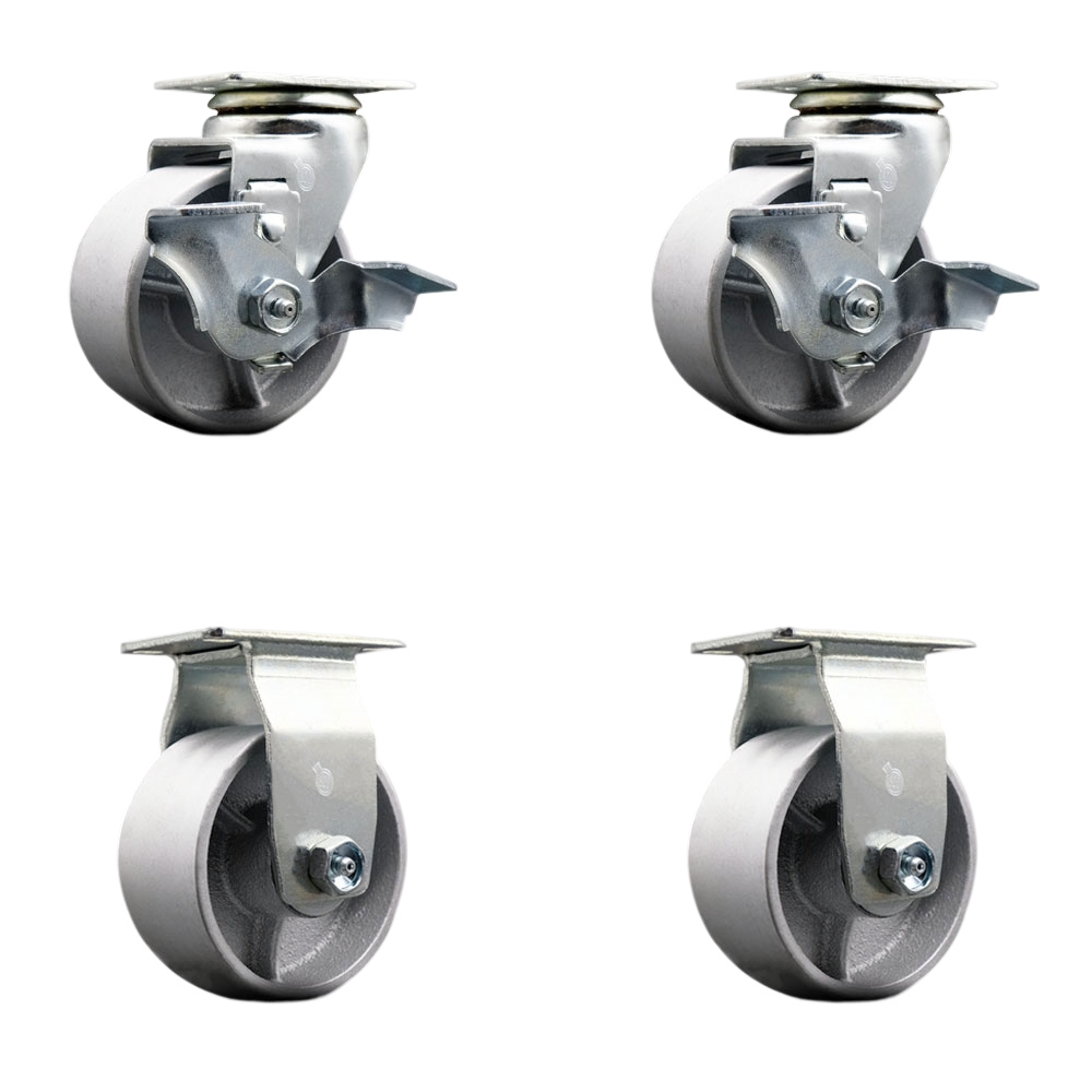 Tool Box Caster Wheel Set - 4 Inch Flat Free, Zero Maintenance Semi Steel Cast Iron Wheels - Industrial Grade - 2 Swivel with Top Lock Brakes - Service Caster Brand — photo 1