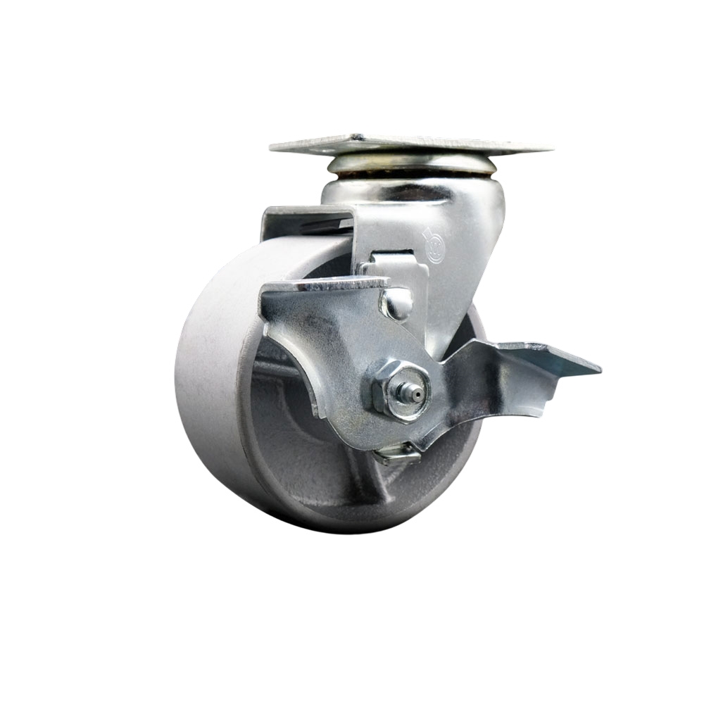 Swivel Top Plate Caster – Silver 4 Inch by 2 Inch Semi Steel Cast Iron Wheel – Roller Bearing – 450 lbs. Capacity Per Caster – Includes Top Locking Brake - Service Caster Brand — photo 1