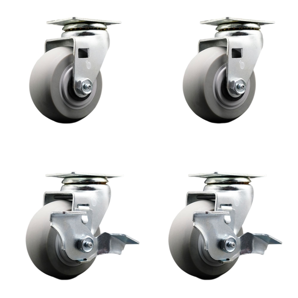 Swivel Plate Caster Set – Gray 4 Inch by 2 Inch Thermoplastic Rubber Donut Tread Wheel – Roller Bearing –1,800 lbs. Total Capacity–Includes 2 Locking Casters and 2 Swivel Casters– Service Caster Brand — photo 1