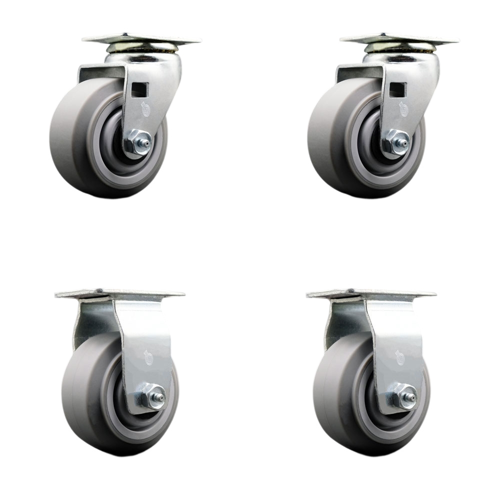 Swivel and Rigid Top Plate Caster Set – Gray 4 Inch by 2 Inch Thermoplastic Rubber Flat Tread Wheel–Roller Bearing–1,800 lbs. Total Capacity–Includes 2 Swivel and 2 Rigid Casters–Service Caster Brand — photo 1
