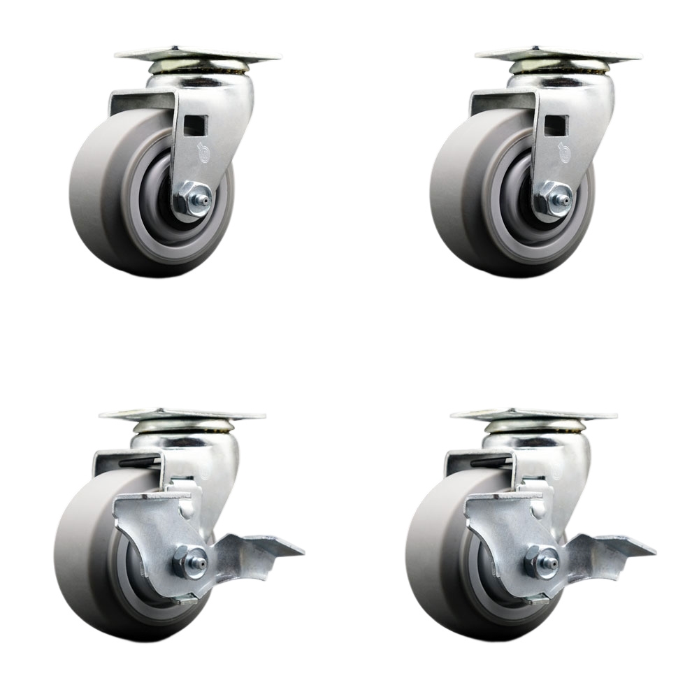 Tool Box Caster Wheel Set - 4 Inch Non-Marking, Easy Rolling Thermoplastic Rubber Flat Tread Wheels - Industrial Grade - 2 Swivel with Top Lock Brakes - Service Caster Brand — photo 1