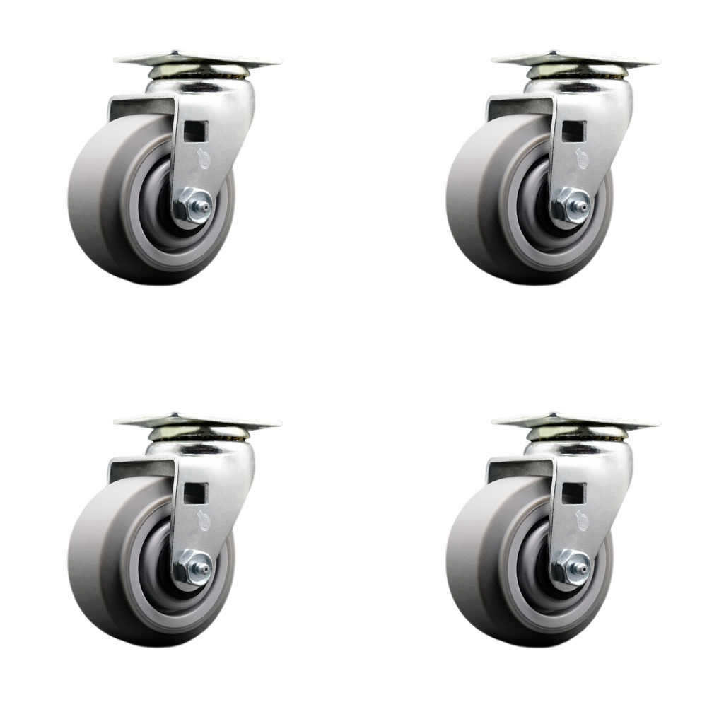 Swivel Top Plate Caster Set – Gray 4 Inch by 2 Inch Thermoplastic Rubber Flat Tread Wheel – Ball Bearing – 1,800 lbs. Total Capacity – Includes 4 Swivel Casters – Service Caster Brand — photo 1