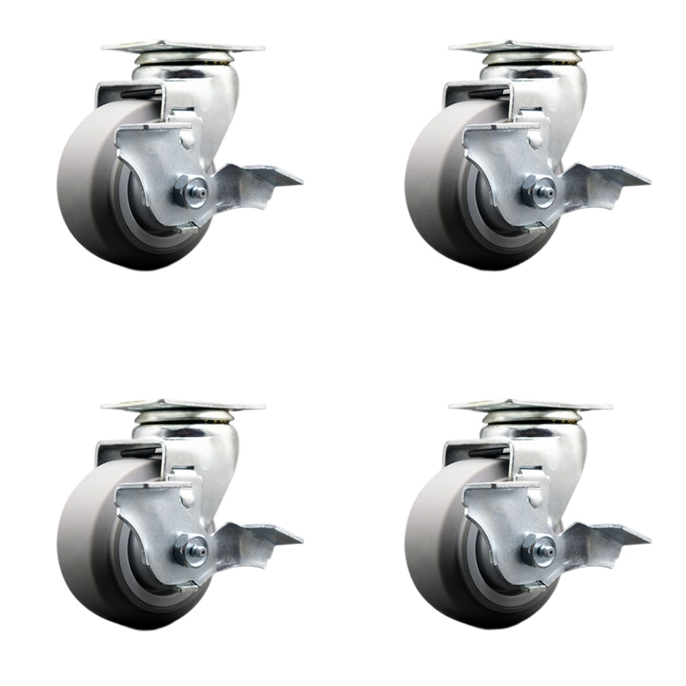 Swivel Top Plate Caster Set – Gray 4 Inch by 2 Inch Thermoplastic Rubber Flat Tread Wheel – Roller Bearing–1,800 lbs. Total Capacity–Includes 4 Swivel Casters with Locking Brakes–Service Caster Brand — photo 1
