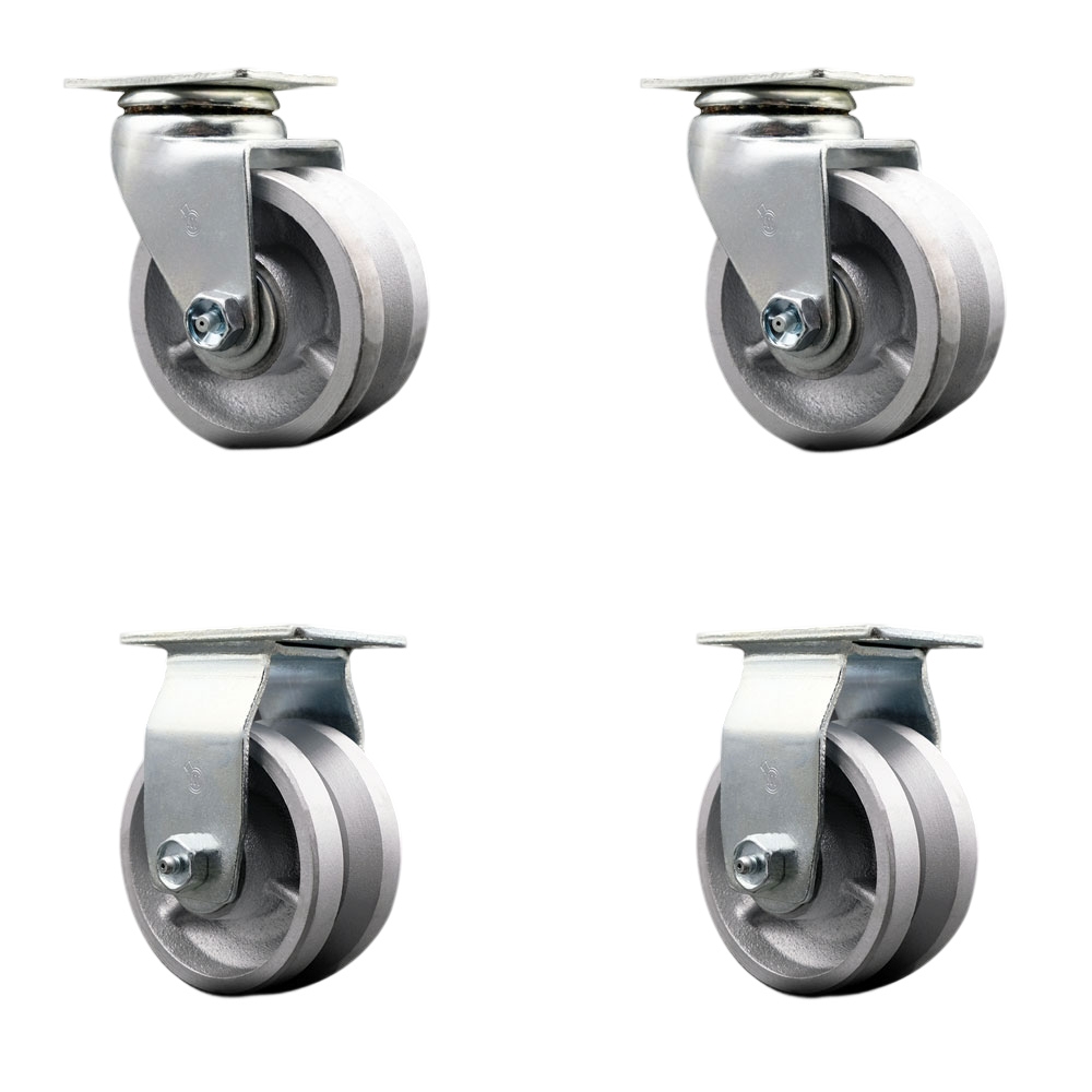 Swivel and Rigid Plate Caster Set – Silver 4 Inch by 2 Inch V-Groove Semi Steel Cast Iron Wheel – Bronze Bearing–1,800 lbs. Total Capacity –Includes 2 Swivel and 2 Rigid Casters – Service Caster Brand — photo 1