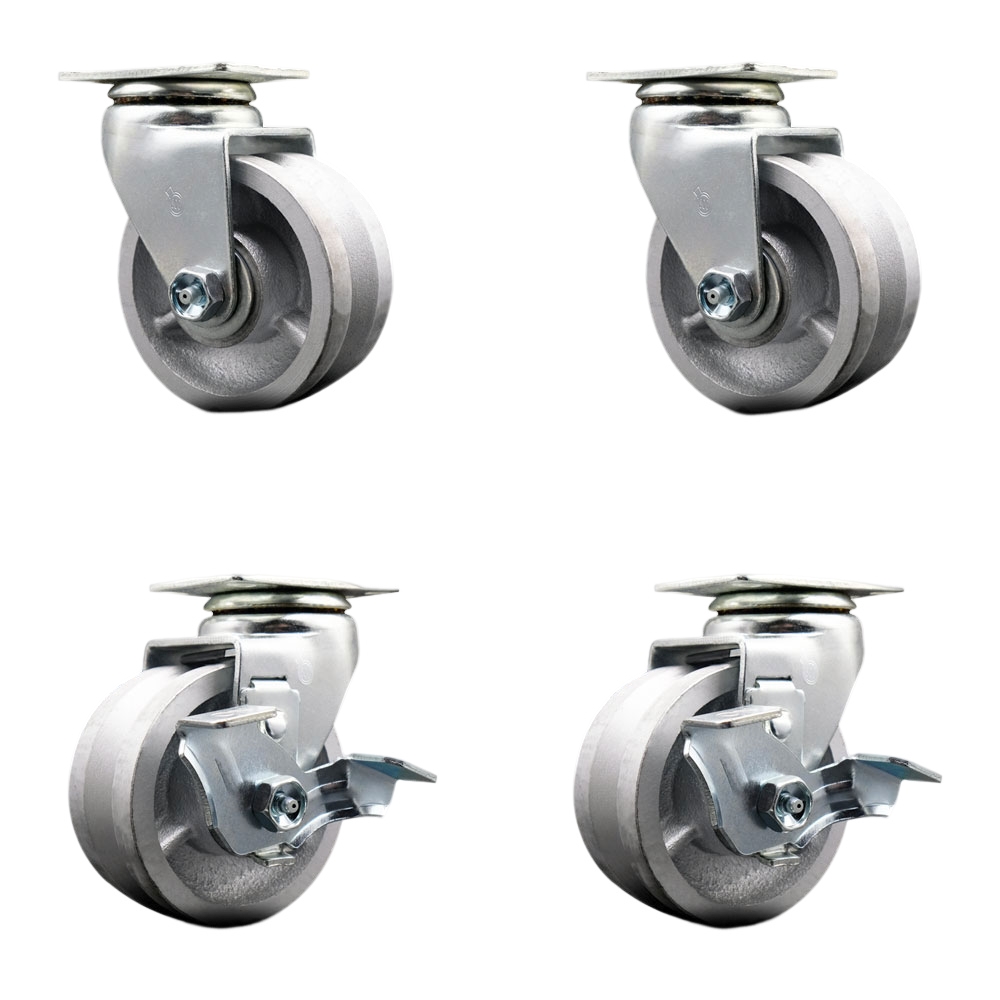 Swivel Top Plate Caster Set – Silver 4 Inch by 2 Inch V-Groove Semi Steel Cast Iron Wheel –Roller Bearing–1,800 lbs. Total Capacity–Includes 2 Locking Casters and 2 Swivel Casters–Service Caster Brand — photo 1