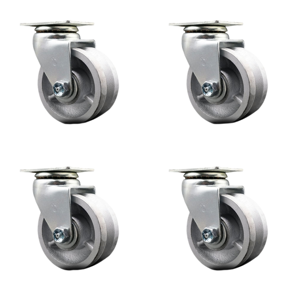 Swivel Top Plate Caster Set – Silver 4 Inch by 2 Inch V-Groove Semi Steel Cast Iron Wheel – Bronze Bearing – 1,800 lbs. Total Capacity – Includes 4 Swivel Casters – Service Caster Brand — photo 1