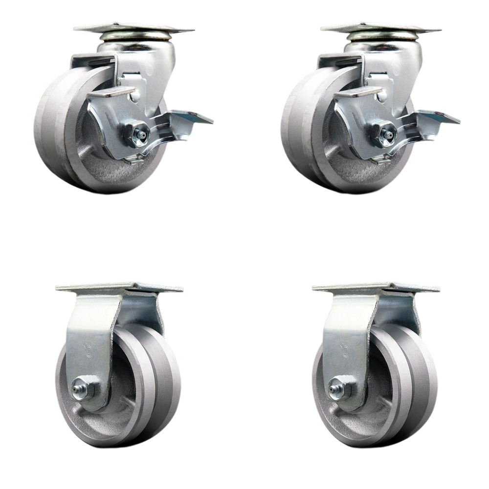 Swivel and Rigid Plate Caster Set–Silver 4 Inch by 2 Inch V-Groove Semi Steel Cast Iron Wheel–Bronze Bearing–1,800lbs. Total Capacity–Includes 2 Locking Swivel and 2 Rigid Casters–Service Caster Brand — photo 1